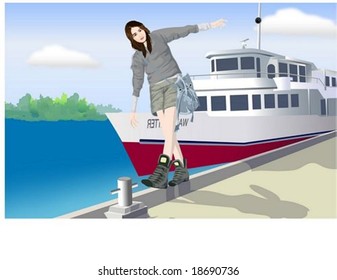 Happy Travel - take a picture with lovely young female with passenger ferry on a harbor background with beautiful blue sky and water