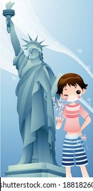 Happy Travel - taking a picture with cute young girl and beautiful famous statue in America on blue background