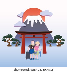  Happy travel together of two grandmother and grandfather traveling   famous landmarks at Fuji mountain in Japan with luggage and camera. Illustration vector. 