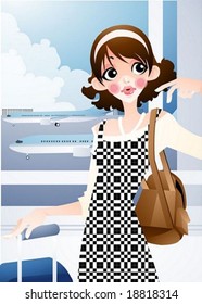 Happy Travel - waiting cute young female with suitcase in the airline terminal on a background of beautiful sky and airport