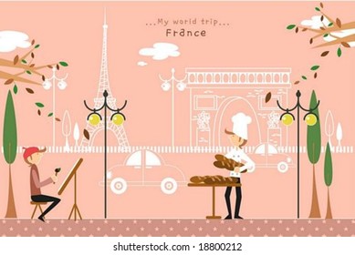 Happy Travel - working cute young painter and baker with French beautiful famous architectures on a street of pretty city park on romantic pink background : vector illustration