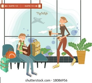 Happy Travel to Worldwide - a beautiful woman and a sitting man wait for boarding with suitcases and drink in the airport on white background with a flight view from the window : vector illustration