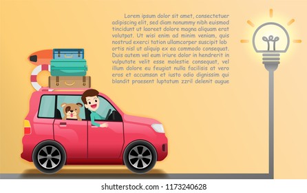 happy traveler and dog on car. go to Light bulb and idea with travel around the world and vacation layouts on Background Design. blank space for text and content paper art, vector, banner, 