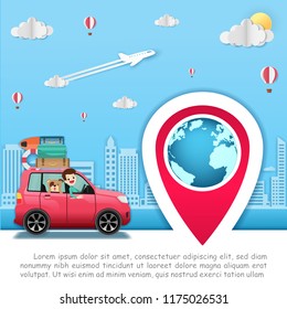 happy traveler and dog on car with check in point travel accessories around the world concept on Background Design. blank space for text and content paper art, vector, banner, Card, Poster,