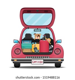 happy traveler and dog on red trunk car back with check in point travel around the world concept on white background Design. content paper art, vector, banner, Card, Poster,