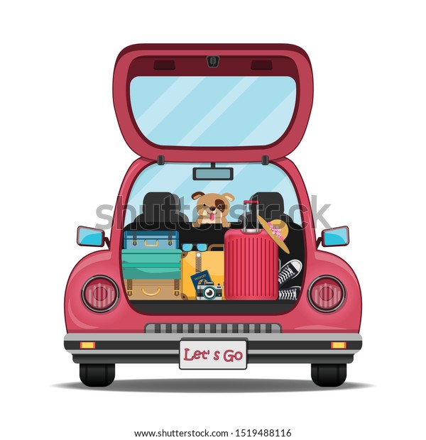 happy traveler and dog\
on red trunk car back with check in point travel around the world\
concept on white background Design. content paper art, vector,\
banner, Card, Poster,