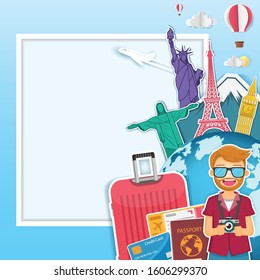 happy traveler man on luggage with check in point travel around the world concept on blue heart background Design. Top world famous landmark.content paper art, vector, banner, Card, Poster,