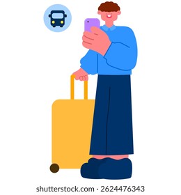 Happy traveler man with smartphone and suitcase at bus stop, public transport and travel concept vector illustration.