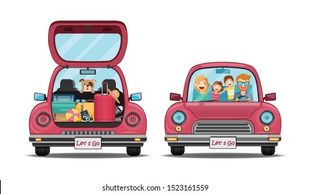 happy traveler man and woman dog on red trunk car back with check in point travel around the world concept on white background Design. content paper art, vector, banner, Card, Poster,