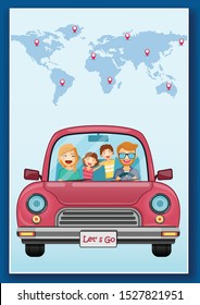 happy traveler man and woman on red car with check in point travel around the world concept on blue heart background Design. content paper art, vector, banner, Card, Poster,