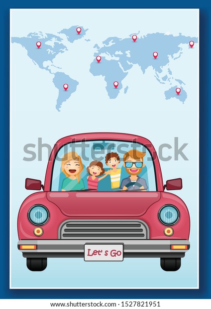 happy traveler man and\
woman on red car with check in point travel around the world\
concept on blue heart background Design. content paper art, vector,\
banner, Card, Poster,