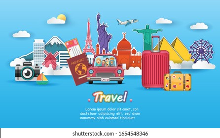 happy traveler on red car with check in point travel accessories around the world concept on blue background Design. Top world famous landmark. content paper art, vector, banner, Card, Poster, 