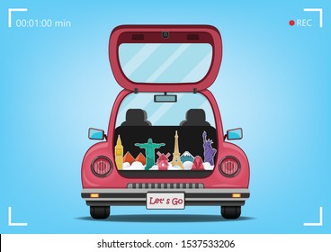 happy traveler on red trunk car with check in point travel around the world concept on blue heart background Design. Top world famous landmark.content paper art, vector, banner, Card, Poster,