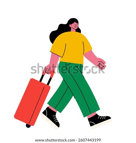Happy traveler with suitcase. Flat vector illustration of a tourist ready for vacation or trip. Perfect for travel, tourism, holiday, and adventure concepts.
