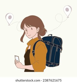 Happy traveler using smart phone. Woman carrying backpack holding phone, using map application, finding destination. Location pins behind. Hand drawn flat cartoon character vector illustration.