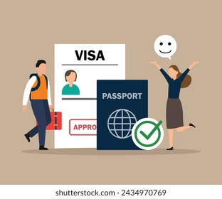 Happy travelers with approved travel visa flat vector illustration