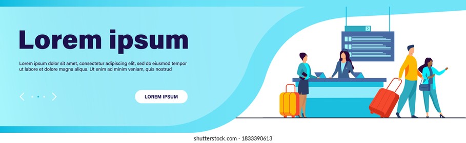 Happy travelers going through flight registration counter. Trip, baggage, luggage flat vector illustration. Travel and vacation concept for banner, website design or landing web page