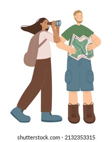 Happy travelers are looking for the right way on the map vector illustration. Girl looking at the mountains through binoculars. Man and woman in hiking clothes. Traveler characters isolated on a white