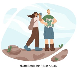 Happy travelers are looking for the right way on the map vector illustration. Girl looking at the mountains through binoculars. Man and woman in hiking clothes. Design element for web banners isolated