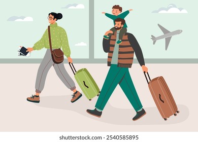 Feliz família viajante com malas e bilhetes correndo para embarcar no avião em airport.Dad segurando criança em seus ombros e mãe com documents.Cartoon caracteres com bagagem.Vetor ilustração plana