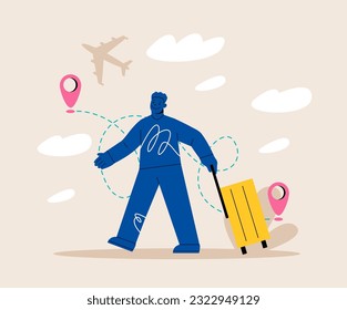 Happy traveling man carrying suitcases. Summer vacation, holiday, journey concept. Colorful vector illustration
