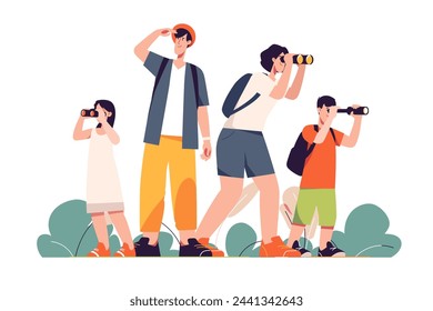 Happy traveling tourist family looking through binoculars. Vector illustration.