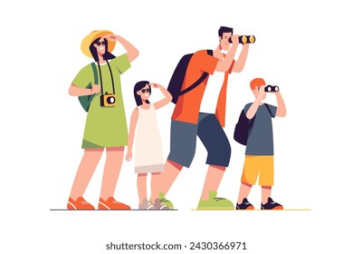 Happy traveling tourist family. Vector illustration.