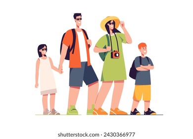 Happy traveling tourist family. Vector illustration.