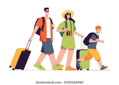 Happy traveling tourist family. Vector illustration.