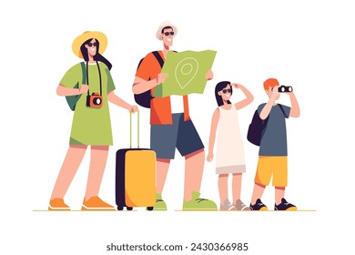 Happy traveling tourist family. Vector illustration.