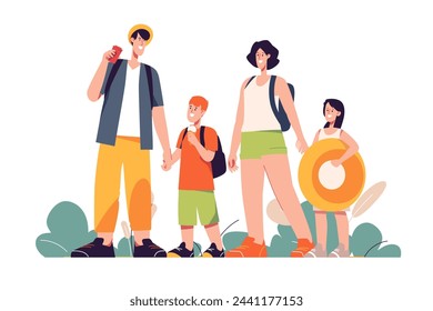 Feliz familia turística viajera. Ilustración vectorial.