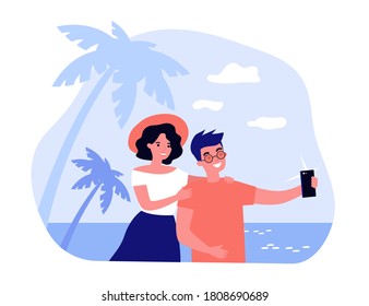 Happy travelling couple taking selfie on mobile phone. Tourists walking on beach and enjoying summer holiday. Vector illustration for honeymoon, vacation, photo concepts