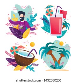 Happy Travelling and Summer Vacation Cartoon Cards Set. Illustration with Tropical Drinks and Juice, Exotic Coconut Cocktail. Flat Palm Trees, Happy Male Tourist with Camera. Vector Advertising Banner