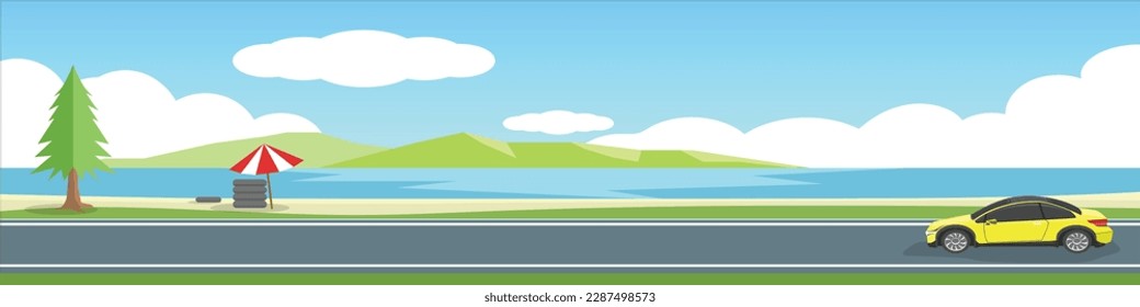 Alles Gute mit Sportwagen für Banner. Asphalt Straße in der Nähe des Strandes. Hintergrund mit schönem Sandstrand und Schwimmen und Regenschirmen am Strand. Vektorgrafik mit flachem Kopienraum