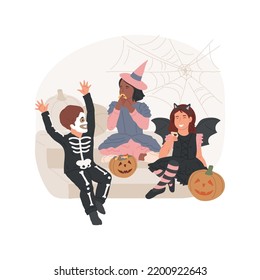 Feliz con el tratamiento aislado de ilustración vectorial de dibujos animados. Niñas sonrientes con disfraces y disfrutando de la fiesta de Halloween, honrando viejas tradiciones, caricatura vectorial de celebración de feriados públicos.