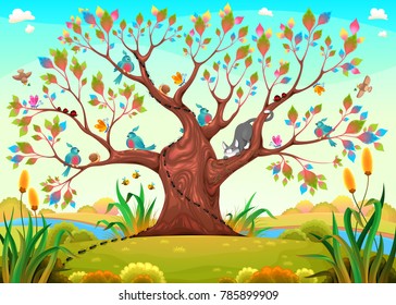 Happy tree with birds, insects and cat. Funny cartoon vector illustration for children.