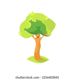 Happy tree cartoon character cheering vector illustration. Emoticon with cute comic plant with face, branches and leaves smiling in garden or forest on white background. Environment, nature concept