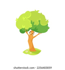 Imagen de vector del personaje de dibujos animados de árbol feliz. Emoticon con adorable planta cómica con rostro, ramas y hojas sonriendo en el jardín o bosque sobre fondo blanco. Medio ambiente, concepto de naturaleza