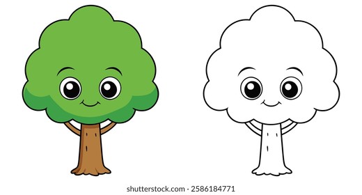 A Happy Tree Cartoon Mascot Coloring Book For Kids Printable Outline Vector