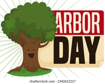 Happy tree celebrating Arbor Day and reminding at you this important date with a calendar sheet.