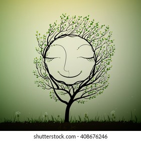 happy tree character growing on the flying rock, smile tree in dream with bird, spring tree`s dream, vector