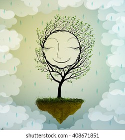 happy tree character, smile tree in dream under the white clouds rain, tree on heavens,  spring tree`s dream, vector