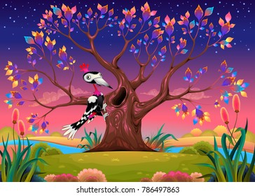 Happy tree in the countryside with woodpecker. Funny cartoon vector illustration for children.
