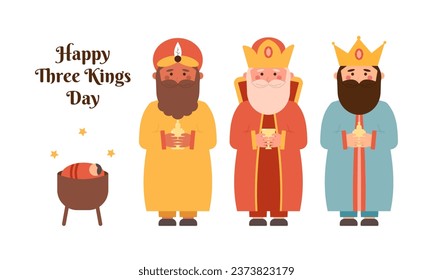 Happy Tree Kings Day. Epiphany. Christian holiday. Three kings bring gifts to Jesus. Flat vector illustration.