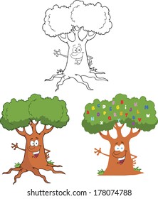 Happy Tree Waving A Greeting Cartoon Characters. Set Vector Collection