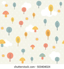 happy trees and mushrooms seamless pattern