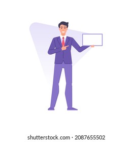 Happy trendy business man in suit tie pointing on empty board advertising billboard vector flat illustration. Smiling entrepreneur performing rectangle placard message display presentation isolated