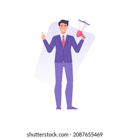 Happy trendy businessman holding megaphone pointing forefinger attention advertising broadcasting. Smiling business male in tie suit with loudspeaker for loud voice public speech social news ad