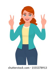 Happy trendy young woman showing peace, V, two or victory sign with fingers. Girl gesturing winning or success sign. Female character illustration design. Modern lifestyle concept in vector cartoon.