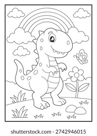 Happy  T-Rex Dinosaur with Rainbow Coloring Page for Kids and Adults.  Black and white Printable Cartoon Animal Character for Children.